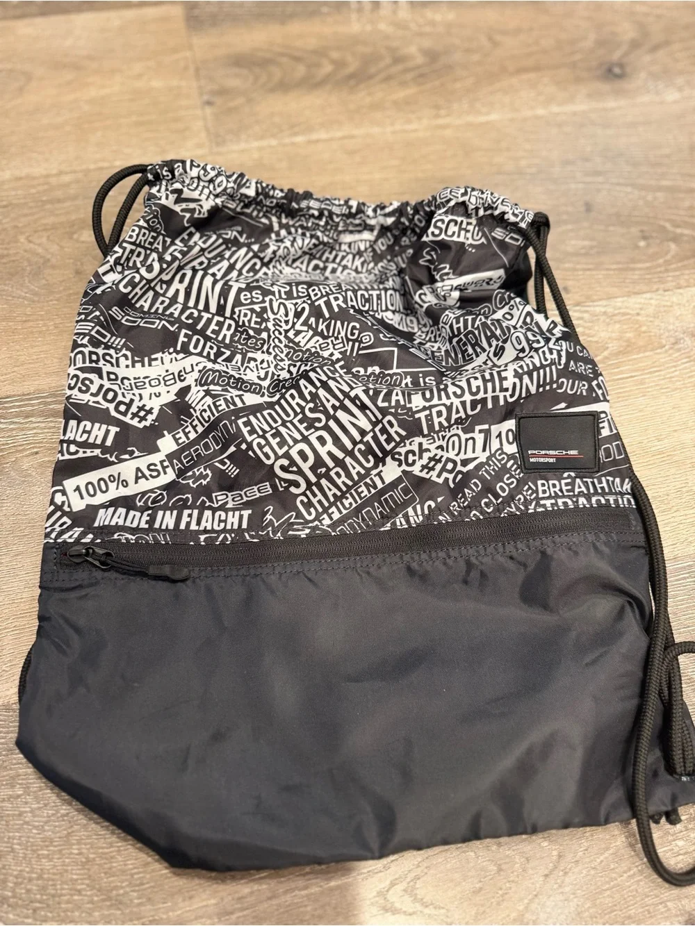 Official Porsche Motorsport Unisex Gym Bag Drawstring Pull Bag Black White NWOT